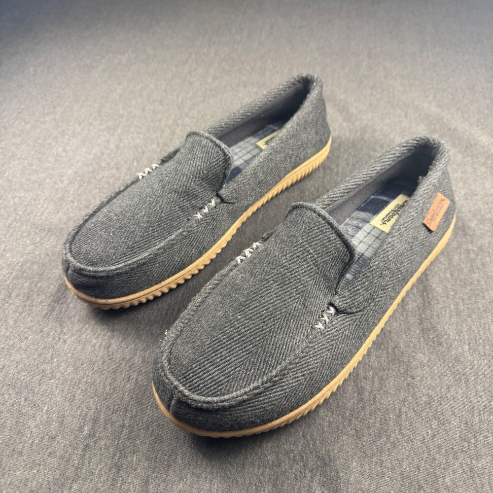 Dearfoams Mens Grey Herringbone Moccasin Slippers Plaid Lined Gum Sole Size 9-10